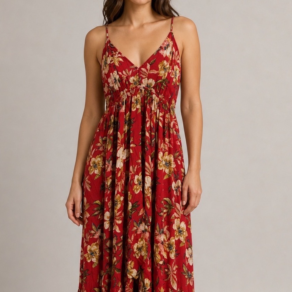 Love Tree Maxi Dress Women Large Red Excellent Floral High-Low Smocked Boho